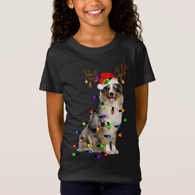 Australian shepherd Reindeer jul Ljus Funn T Shirt (Framsida)