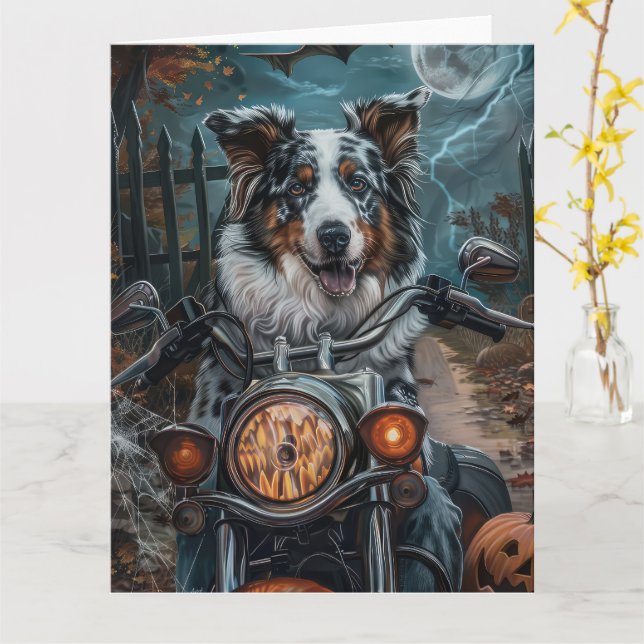 Australian shepherd Riding Motorcycle Halloween Kort (Gul blomma)
