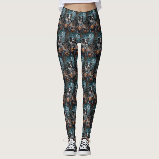 Australian shepherd Riding Motorcycle Halloween Leggings (Framsida)