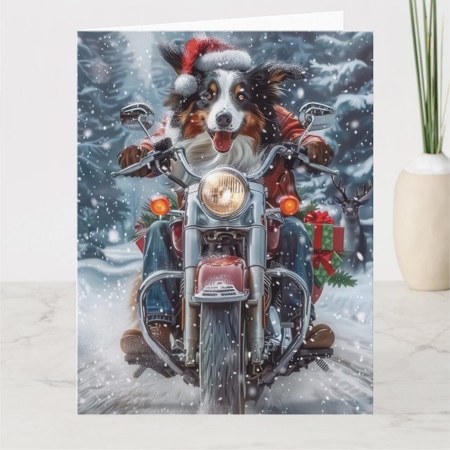 Australian Shepherd Ridning Motorcykel Jul Kort (Framsida)