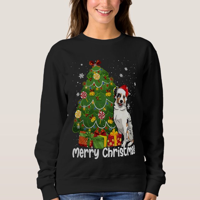 Australian Shepherd Santa Christmas Tree Lights Xm T Shirt (Framsida)
