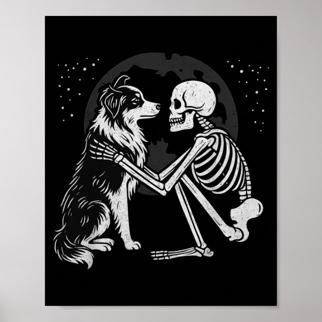 Australian Shepherd Skelett Måne Halloween Hund Poster (Framsidan)