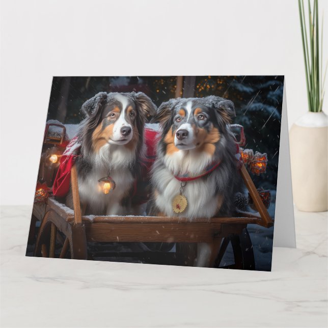 Australian Shepherd Snöig släde juldekoration Kort (Framsida)