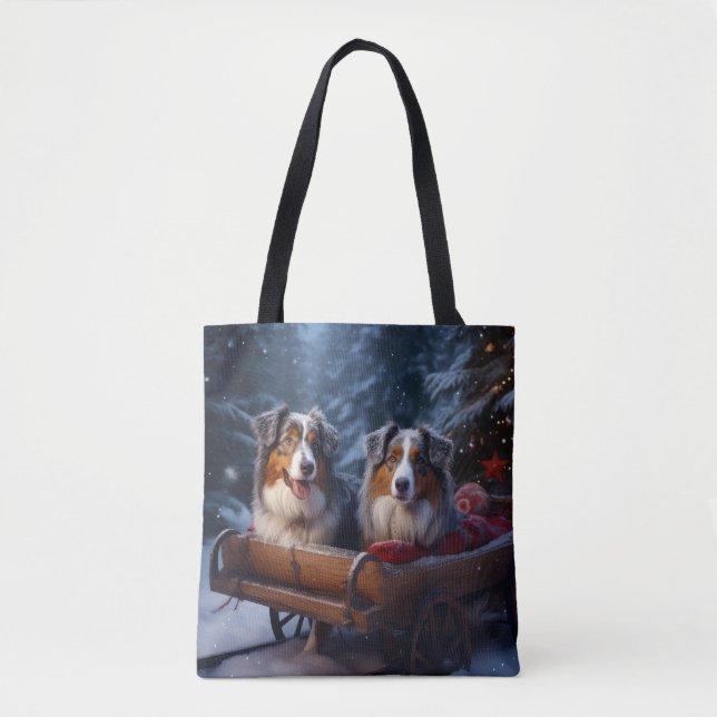 Australian Shepherd Snöig släde juldekoration Tygkasse (Framsida)
