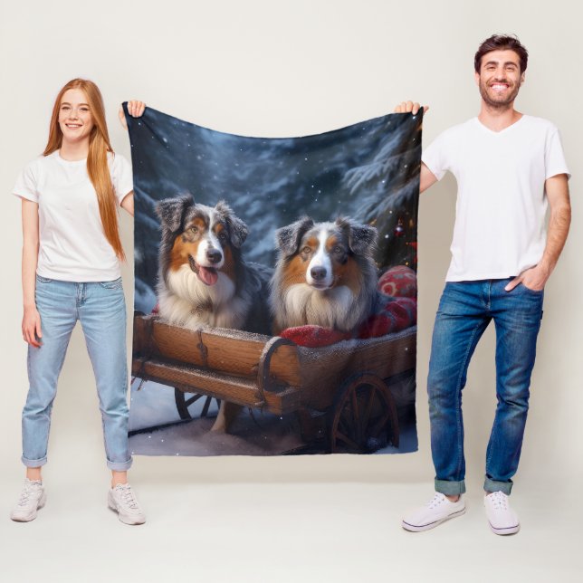 Australian shepherd Snowy Sleigh-juldekretet Fleecefilt (På plats)