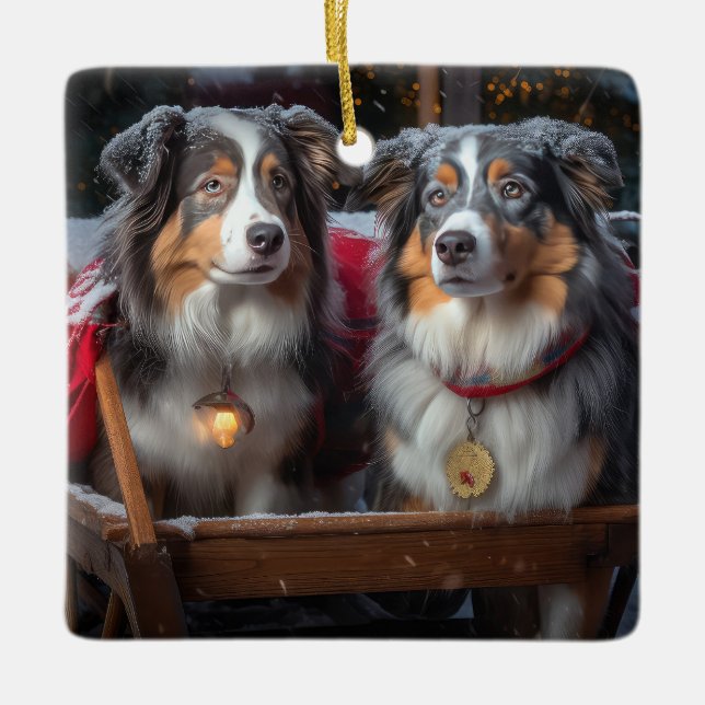 Australian shepherd Snowy Sleigh-juldekretet Julgransprydnad Keramik (Framsida)
