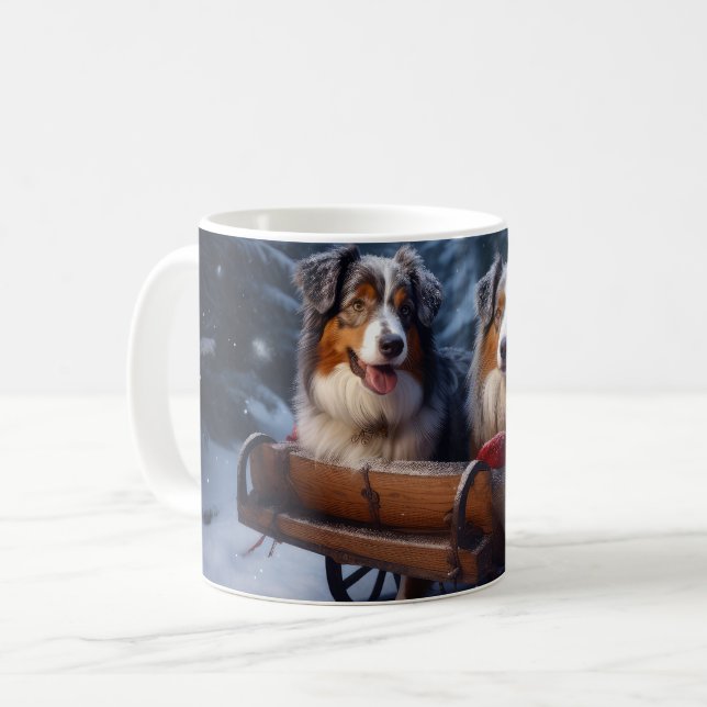 Australian shepherd Snowy Sleigh-juldekretet Kaffemugg (Framsida vänster)