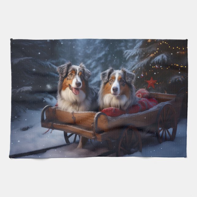 Australian shepherd Snowy Sleigh-juldekretet Kökshandduk (Horisontell)
