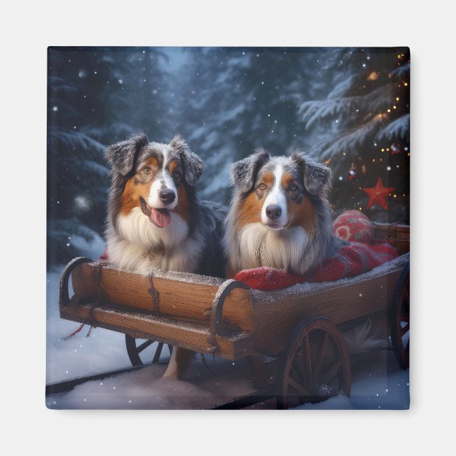 Australian shepherd Snowy Sleigh-juldekretet Magnet (Framsidan)