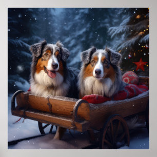 Australian shepherd Snowy Sleigh-juldekretet Poster