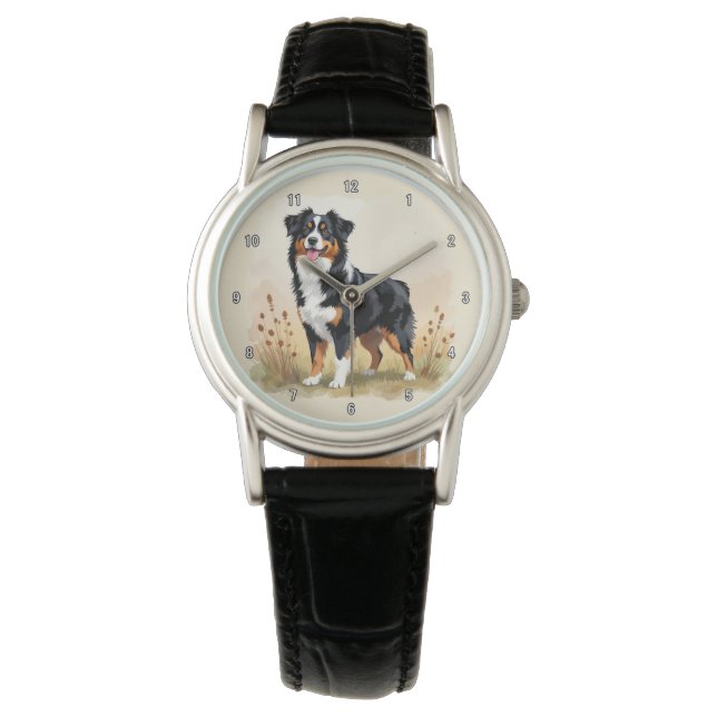 Australian Shepherd Svart Trefärgad Aussie Hund Armbandsur (Framsida)