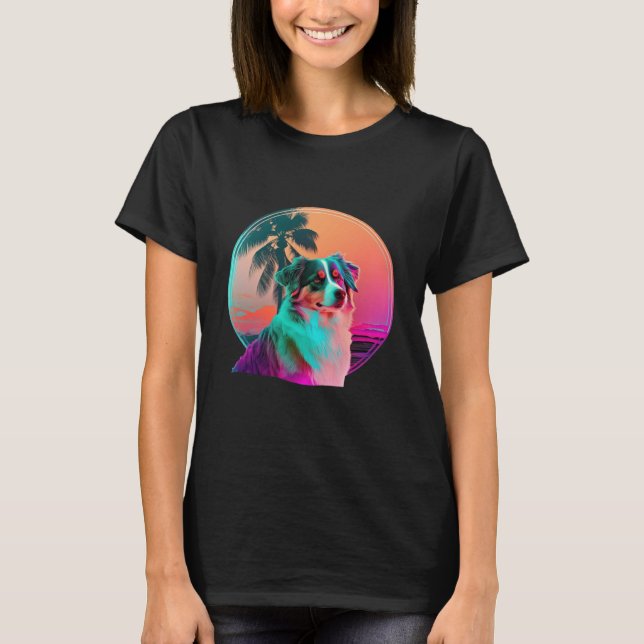Australian Shepherd Synthwave 80-tals Retrowave Es T Shirt (Framsida)