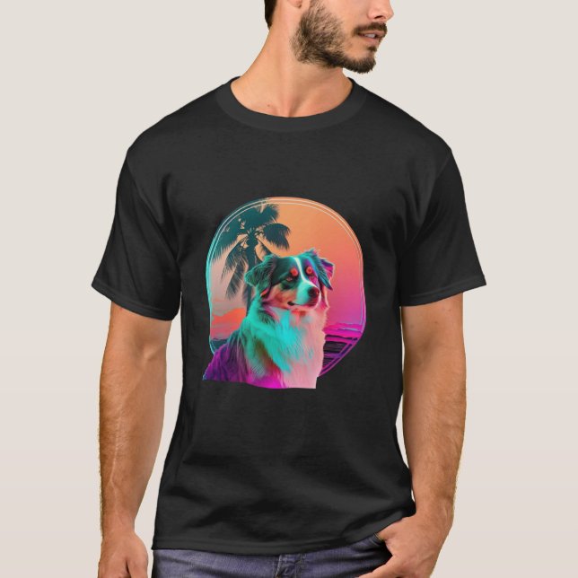 Australian Shepherd Synthwave 80s Retrowave Aesthe T Shirt (Framsida)