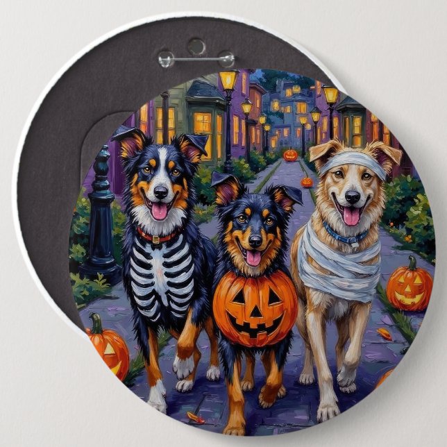 Australian shepherd Trick-or-Treating in Halloween Knapp (Framsida & baksida)