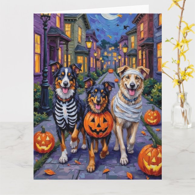 Australian shepherd Trick-or-Treating in Halloween Kort (Gul blomma)