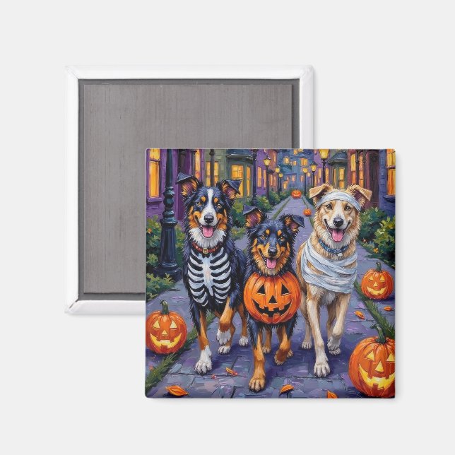 Australian shepherd Trick-or-Treating in Halloween Magnet (Front/Back)