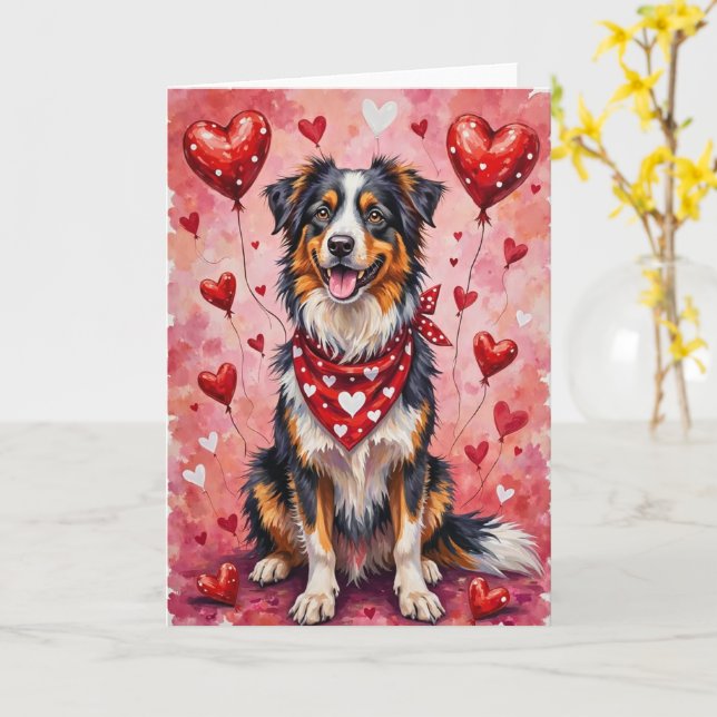 Australian Shepherd Valentine’s Day Dog with Heart Kort (Gul blomma)