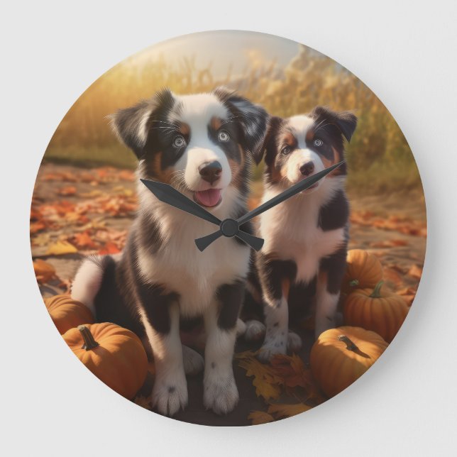 Australian Shepherd Valp Höstglädje Pumpa Stor Klocka (Framsida)