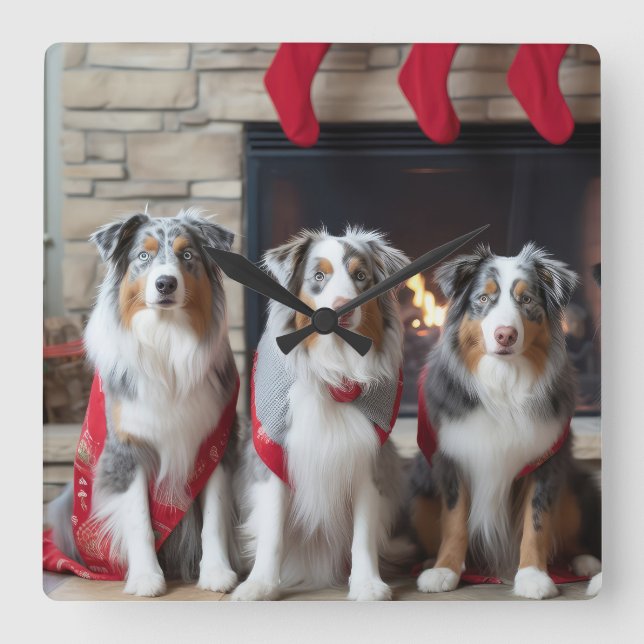 Australian Shepherd vid brasan jul Fyrkantig Klocka (Framsida)