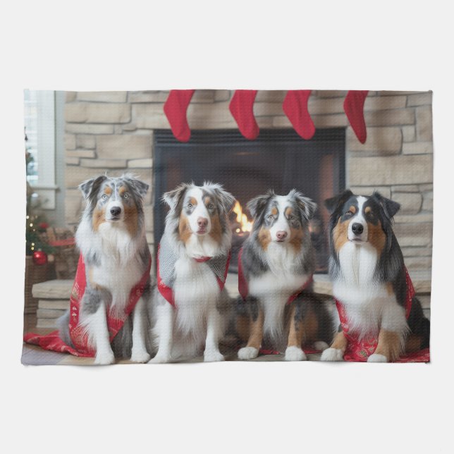 Australian Shepherd vid brasan jul Kökshandduk (Horisontell)