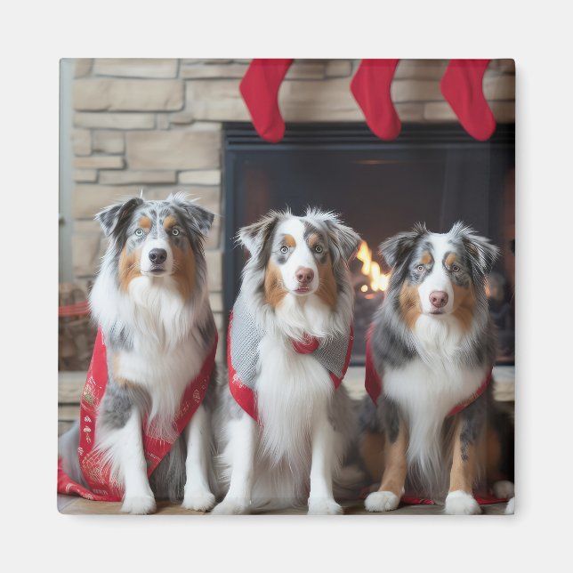 Australian Shepherd vid brasan jul Magnet (Framsidan)