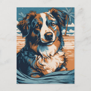 Australian shepherd vid en tropisk strand helg vykort