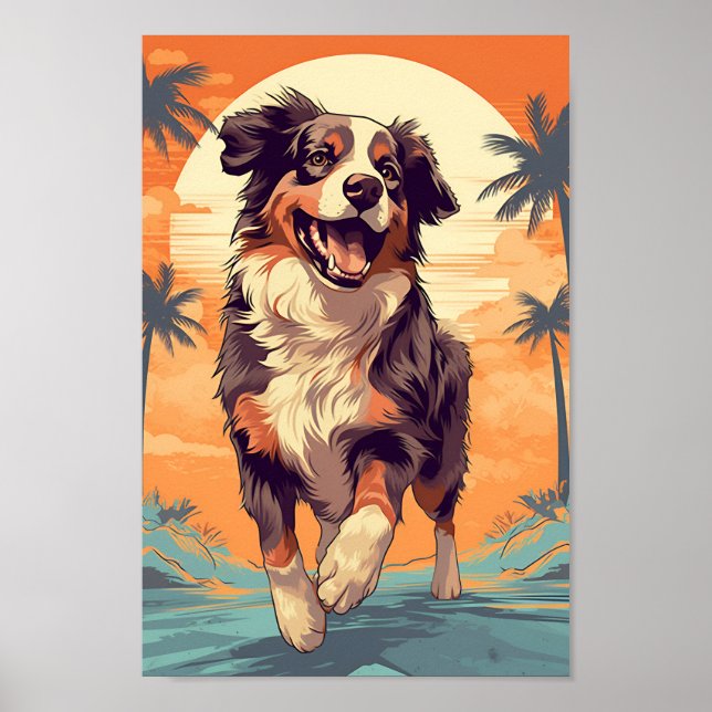 Australian shepherd vid en tropisk strand poster (Framsidan)