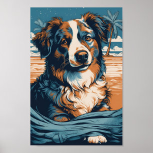 Australian shepherd vid en tropisk strand poster