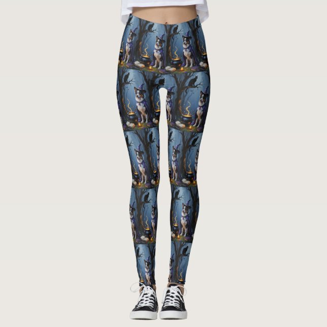 Australian shepherd Whimsical Halloween Painting Leggings (Framsida)