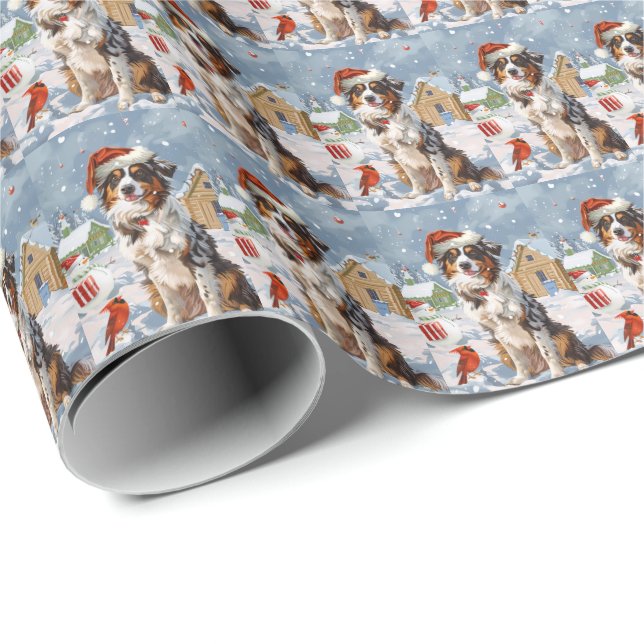 Australian shepherd Winter Wonderland jul Presentpapper (Rullad Hörn)