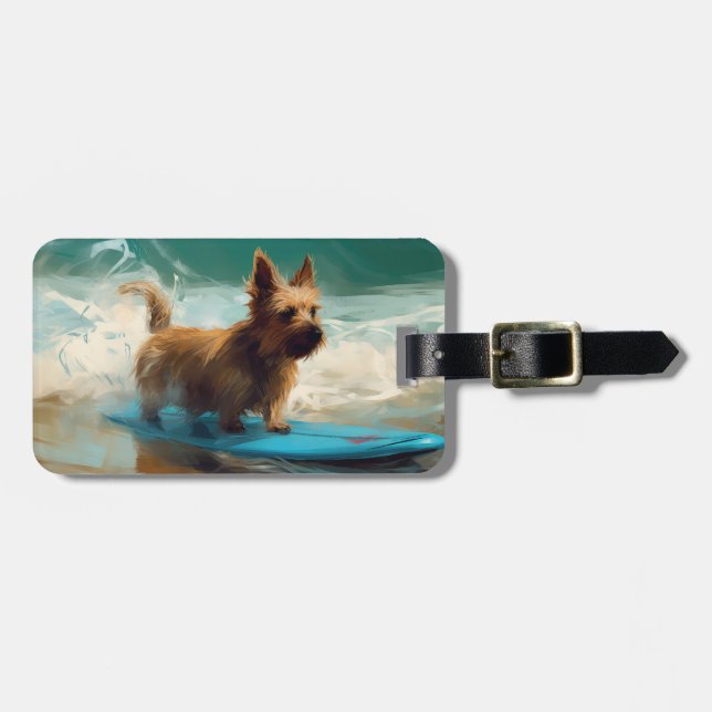 Australian Terrier Beach Surfing Painting Bagagebricka (Horisontell Framsida)