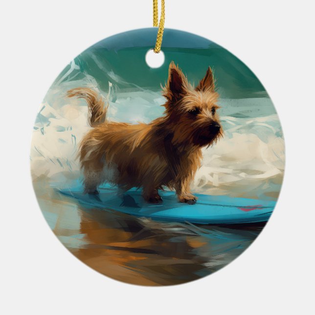 Australian Terrier Beach Surfing Painting Julgransprydnad Keramik (Framsidan)