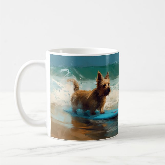 Australian Terrier Beach Surfing Painting Kaffemugg (Vänster)