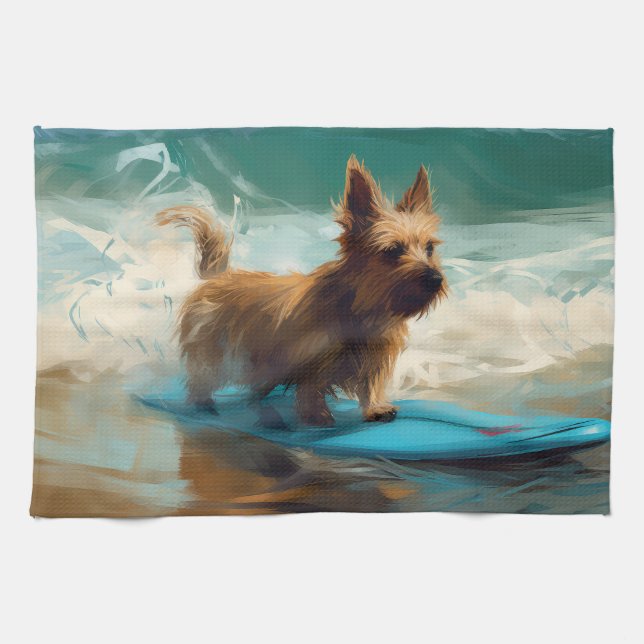 Australian Terrier Beach Surfing Painting Kökshandduk (Horisontell)
