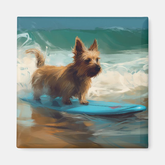 Australian Terrier Beach Surfing Painting Magnet (Framsidan)