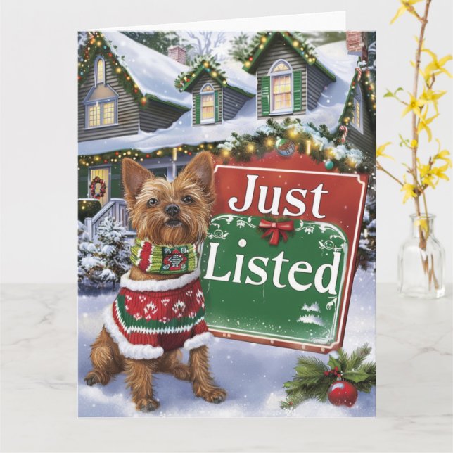 Australian Terrier Hund Festive Realtor jul Kort (Gul blomma)