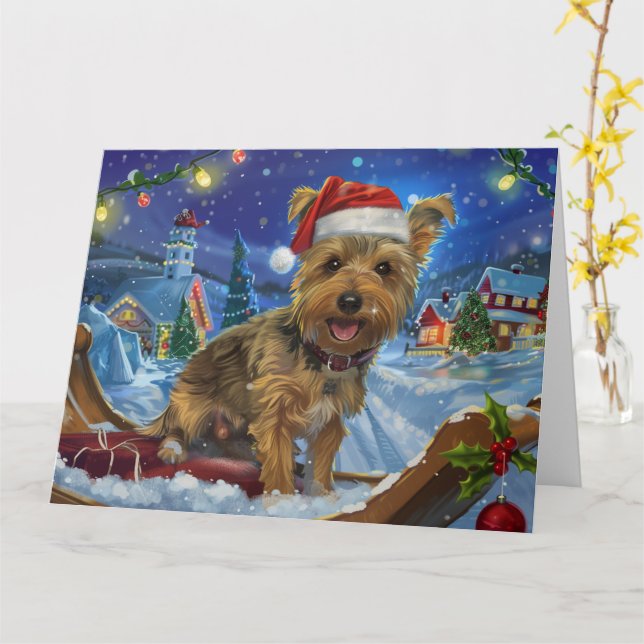 Australian Terrier Hund i Sleigh Snö jul Kort (Gul blomma)
