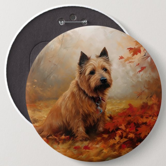 Australian Terrier i höstlöv Fall Inspire Knapp (Framsida & baksida)