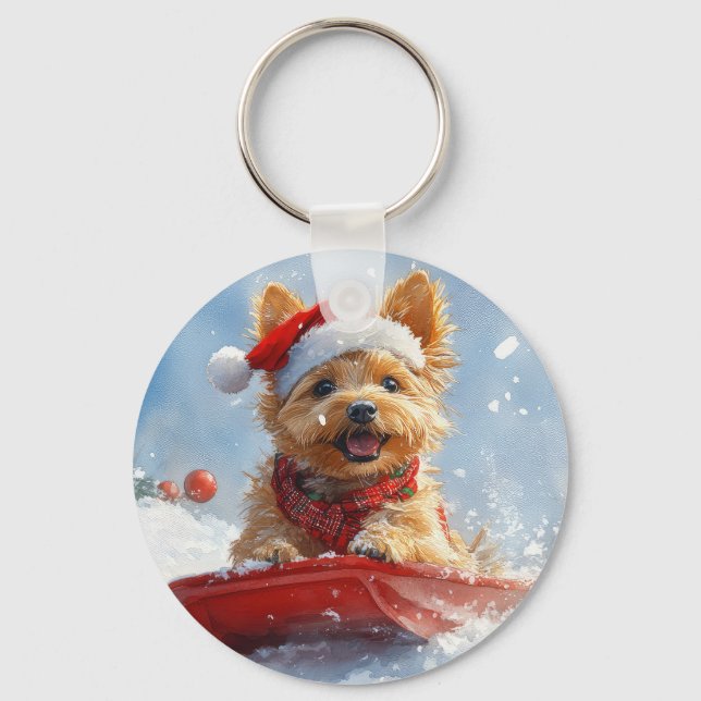 Australian Terrier i släde Låt det snöa jul Nyckelring (Framsida)