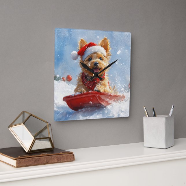 Australian Terrier i Sledge Låt det snöa jul Fyrkantig Klocka (Kontor)