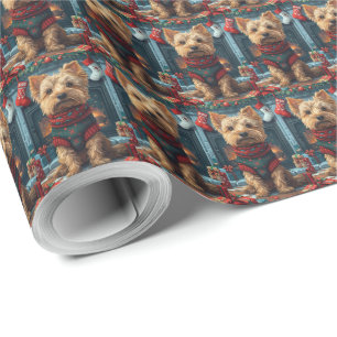 Australian Terrier med julklappar öppen spis Presentpapper
