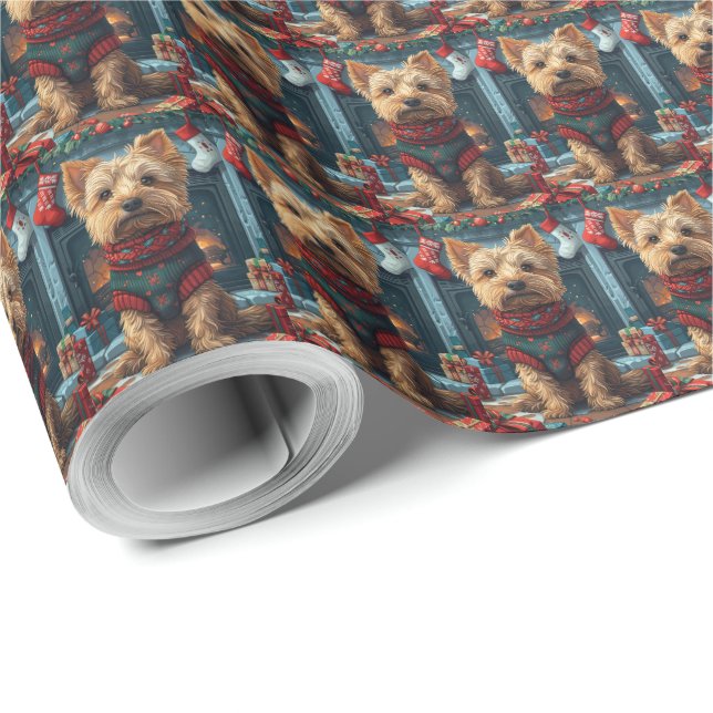 Australian Terrier med julklappar öppen spis Presentpapper (Rulle Hörn)