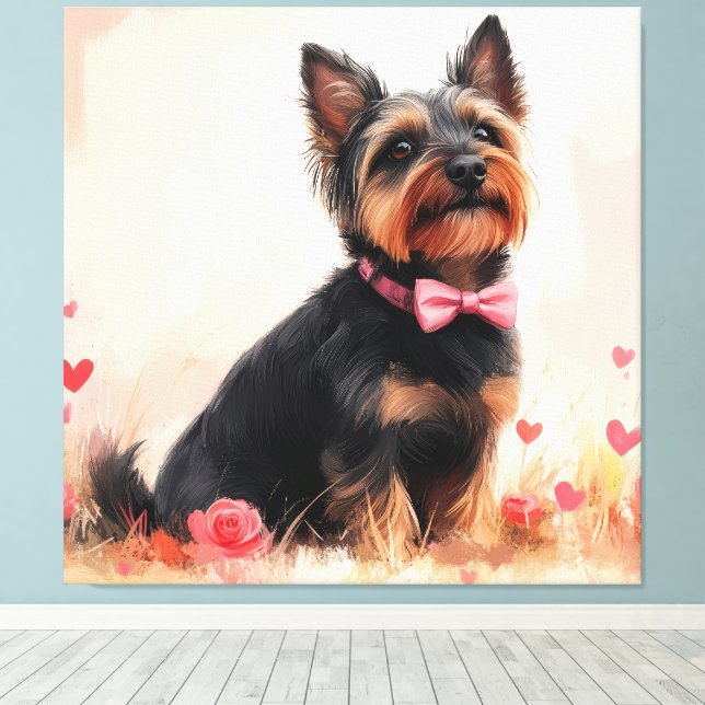 Australian Terrier med rosor - Alla hjärtans dag Canvastryck (Insitu (trägolv))