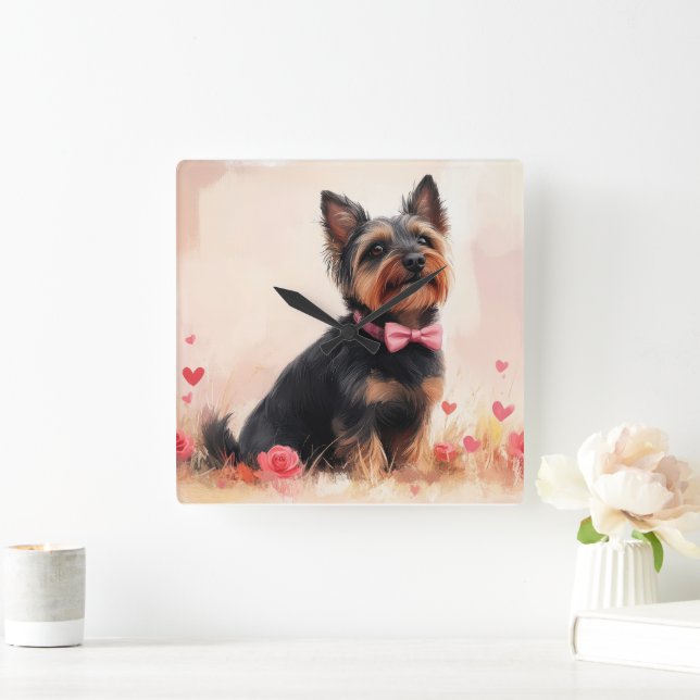 Australian Terrier med rosor - Alla hjärtans dag Fyrkantig Klocka (Hem)