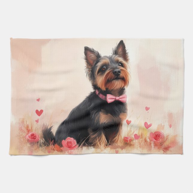 Australian Terrier med rosor - Alla hjärtans dag Kökshandduk (Horisontell)