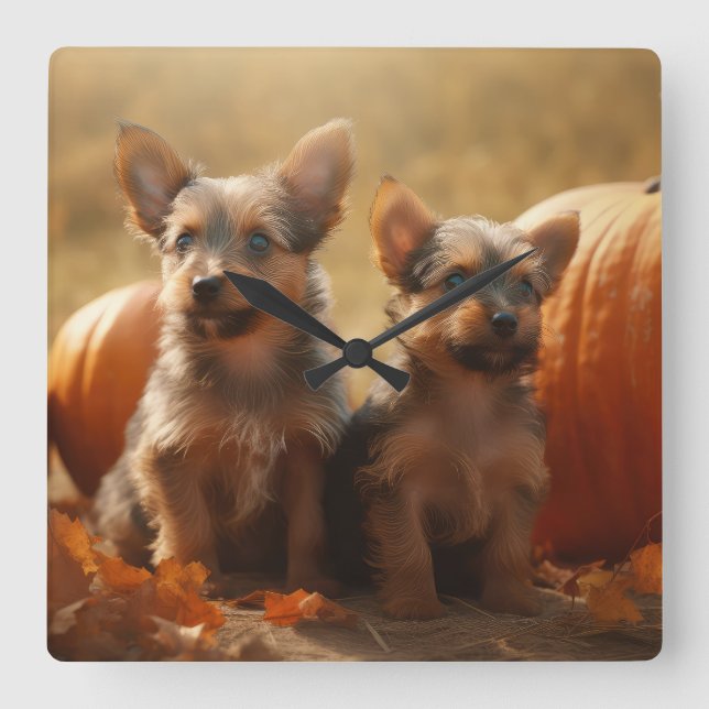 Australian Terrier Puppy Autumn Delight Pumpkin Fyrkantig Klocka (Framsida)