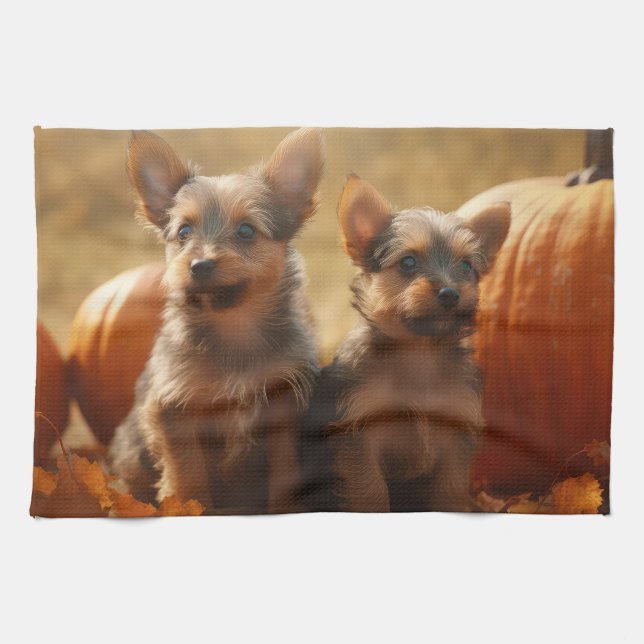 Australian Terrier Puppy Autumn Delight Pumpkin Kökshandduk (Horisontell)
