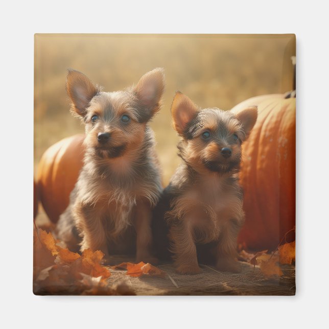 Australian Terrier Puppy Autumn Delight Pumpkin Magnet (Framsidan)