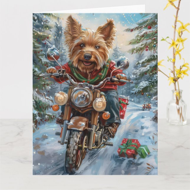 Australian Terrier Riding Motorcycle jul Kort (Gul blomma)