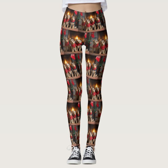 Australian Terrier vid öppen spis jul Leggings (Framsida)